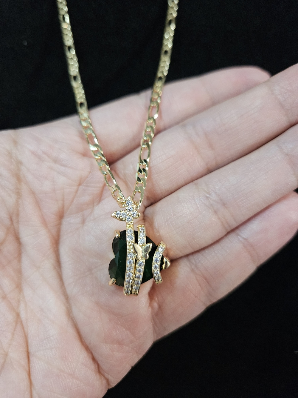 Gold Plared Green Stone Pendant Necklace with Crystal Accents